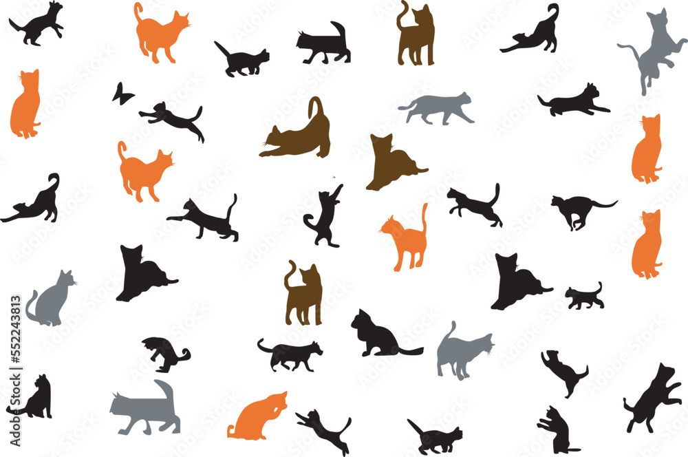 CAT SILHOUETTE VECTOR WITH DIFFERENT STYLES AND MOVEMENTS ON A WHITE BACKGROUND