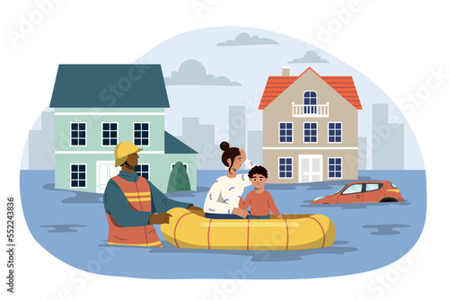 People and flood. Rescuer puts family of mother and daughter into boat. Natural disaster and misfortune, anomaly. Poster or banner for website. Evacuation concept. Cartoon flat vector illustration