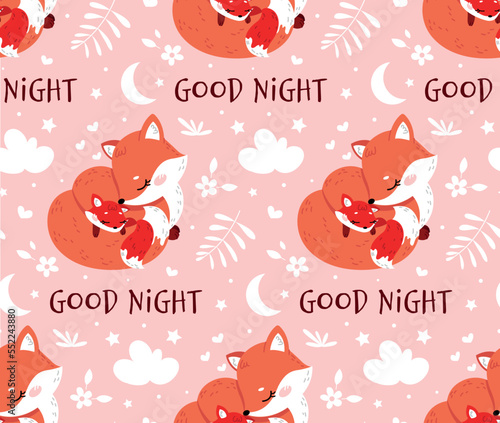 Fox with baby seamless pattern. Repeating design element for printing on fabric. Tenderness, care and love. Childhood and parenting. Forest dwellers and wild life. Cartoon flat vector illustration