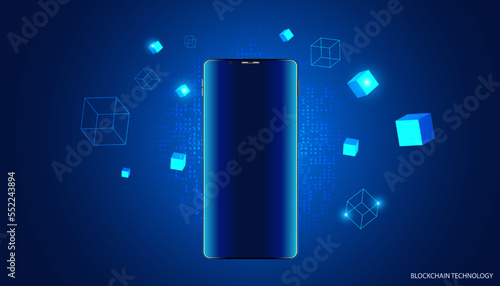 Abstract phone and Square Box Concept Digital Technology Futuristic Modern Cryptocurrency Blockchain Connection Network On blue Background