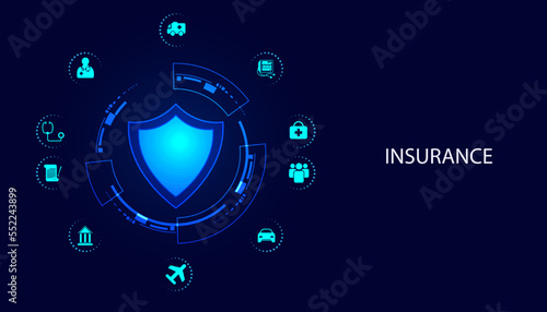 Abstract shield and circle digital concept, insurance, health insurance, finance, life insurance, car, home or security. on blue background beautiful digital