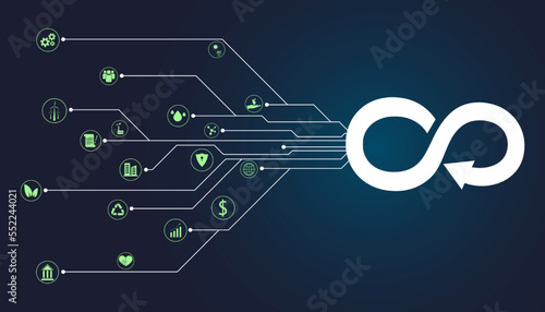 Abstract circle CIRCULAR ECONOMY icon banner concept product recycling The biological material cycle The cycle of technical materials, the environment on the background for presentations, presentation
