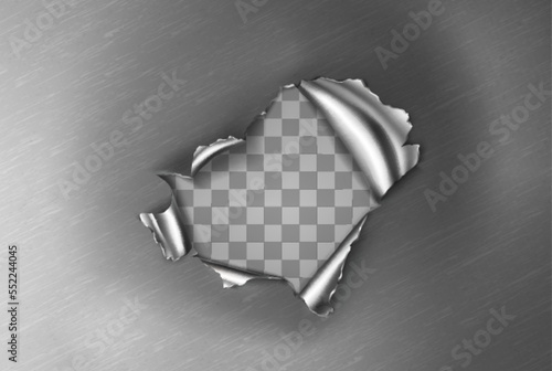 Metal rip hole with curly edges, ragged crack, cut damage on steel sheet. Torn gun aperture frame or border isolated on transparent background, Realistic 3d vector illustration, clip art