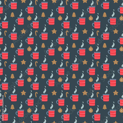 Seamless pattern, cute Christmas decor with a mug of tea and gingerbread on a gray background. Cocoa or coffee in a red cheerful cup. Cheerful children's print for textiles, postcards, clothes. Vector