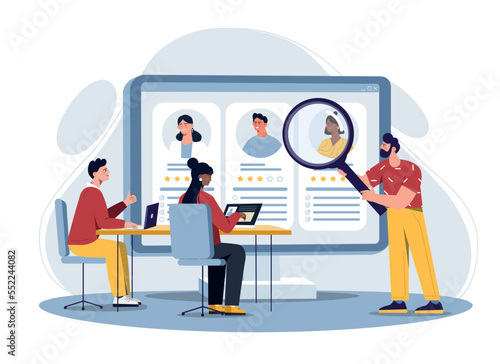 People hiring concept. Men with magnifying glass evaluate candidates for vacancies. Analysis and recruitment in company, HR managers in workplace. Rating and ranking. Cartoon flat vector illustration