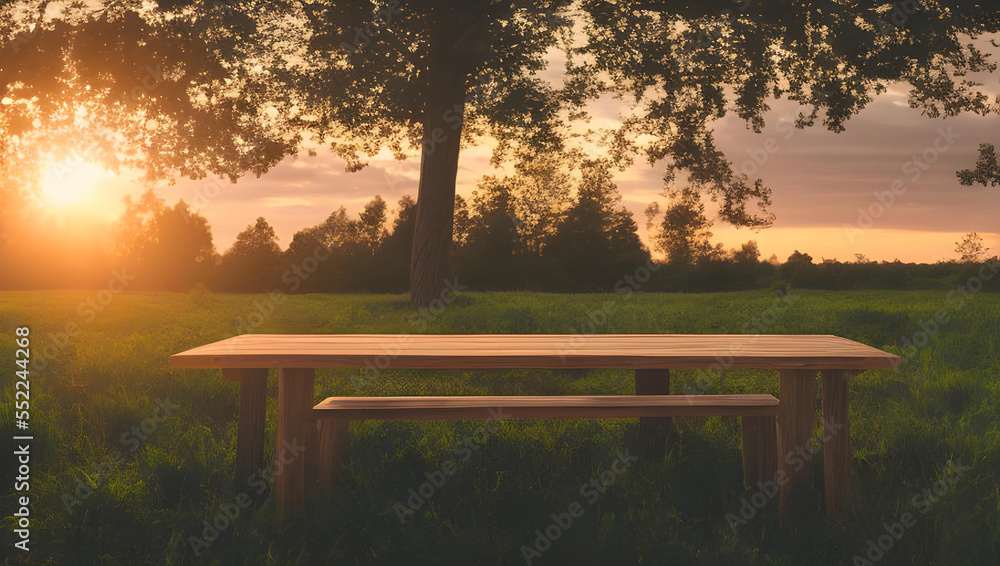 Obraz premium WOOD BOARD TABLE IN FRONT OF A FIELD FOR PRODUCT SHOWCASE