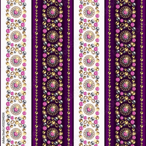 Seamless striped pattern with precious jewelry elements, gold, silver beads, chains, pink gems. Ornate mosaic style. Good for clothing, apparel, fabric, textile, surface design.
