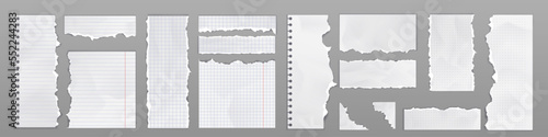 Notebook pages with torn edges. Ripped paper sheets and scraps with square grid and striped patten. Old blank notepad and copybook pages, vector realistic illustration