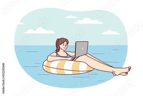 Young successful woman floats on air mattress in sea with laptop on lap in sunny tropical resort. Girl freelancer enjoys sunbathing and working with computer at same time. Flat vector illustration