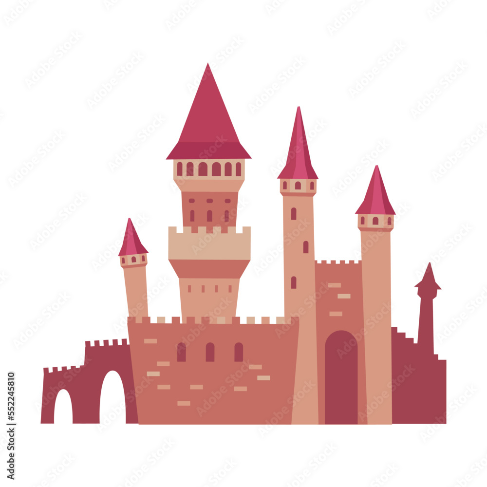 Grim high castle cartoon illustration. Gothic architecture, fairytale palace and Medieval fortress isolated on white background