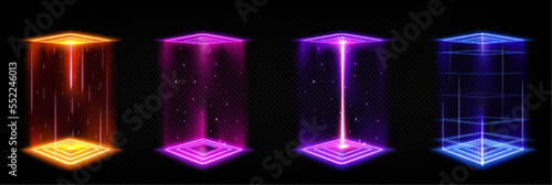 Futuristic portals, magic hologram teleport with square podium. Time travel booth, virtual reality projector with colorful light beams. Sky-fi HUD technology style GUI, UI 3d Vector illustration photo