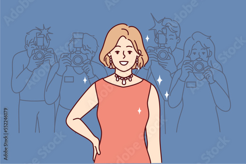 Smiling woman in evening dress posing for journalists during fashion show. Girl in beautiful necklace stands near photographers from fashion magazines and paparazzi. Flat vector illustration 