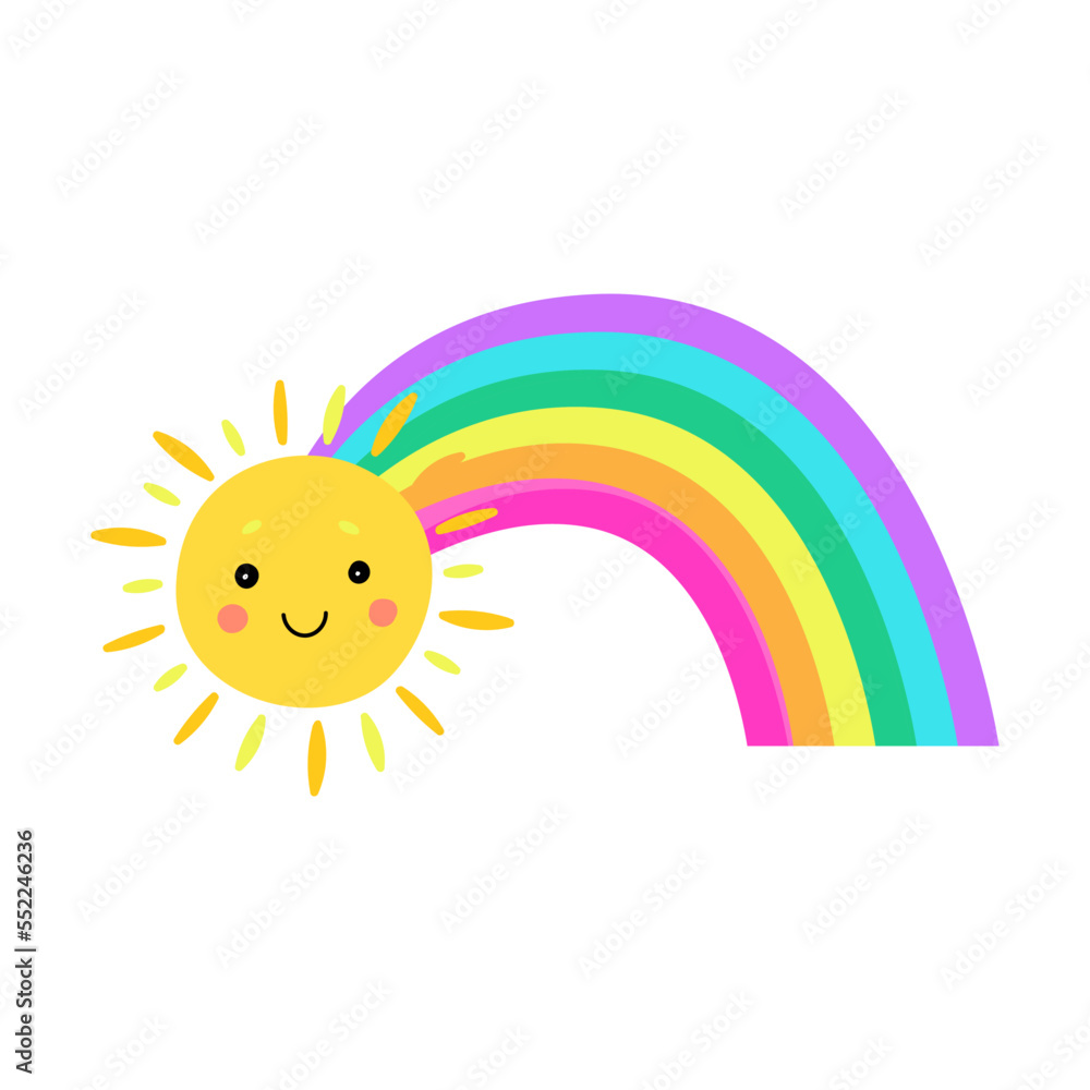 Colorful rainbow cartoon character vector illustration. Horn, ear, crown, rainbow on white background