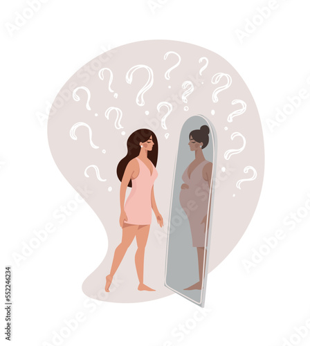 Conceptual illustration of postpartum depression, teenage pregnancy, abortion or miscarriage, single mother. The girl sees her pregnancy in the mirror and thinks about the future. Flat vector