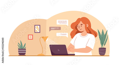 People using online apps. Young girl sits with laptop in apartment and works on Internet. Modern technologies and digital world. User communicates in messengers. Cartoon flat vector illustration