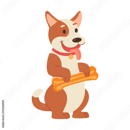 dog holding a toy bone, cartoon illustration. Happy little and elderly pet character growing, playing with ball isolated on white background