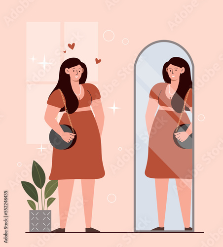 High self esteem concept. Woman rejoices in reflection in mirror, positive and optimism. Self confidence and acceptance. Mental health and psychology, happiness. Cartoon flat vector illustration