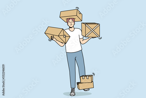 Courier carries cardboard boxes with goods on his arms, legs, head. Man delivers packed orders to customer. Guy arranges objects in house after move. Vector outline colorful isolated illustration.