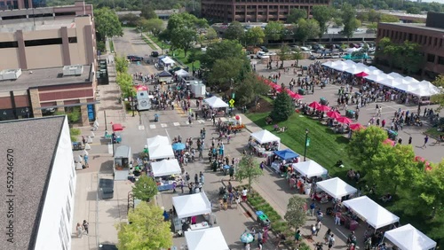 Aerial, local street fair at an American suburb during the weekend