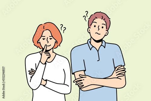 Young woman, man stand side by side in disbelief. Guy, girl do not understand, do not trust each other. Differences in worldview, culture, faith, behavior, education. Vector thin line illustration.