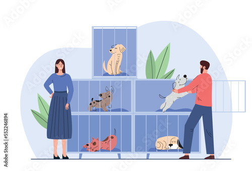 Pet store or animal shelter. Man taking puppy from cage, buying or adopting dog. Volunteers helping to choose homeless animal for adoption. Poster or banner. Cartoon flat vector illustration