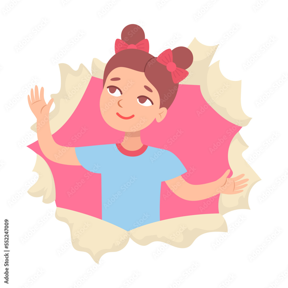 Children girl peeking out of hole in wall. Vector illustration of friends looking through torn paper isolated on white Children girl peeking out of hole in wall. Vector illustration of friends looking through torn paper isolated on white
