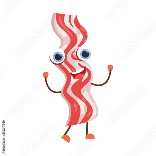 Funny smoked bacon character of morning food. Vector illustration of cute menu for restaurant, cafe or home isolated on white