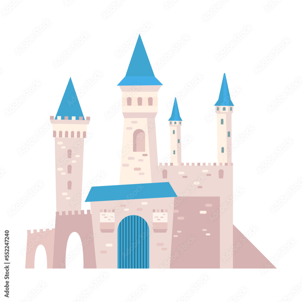 Castle cartoon illustration. Gothic architecture, fairytale palace and Medieval fortress isolated on white background
