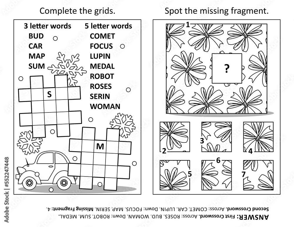 Activity page with two puzzles. Fillin crossword puzzle or word game