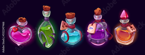 Cartoon set of magic potion bottles isolated on black background. Vector illustration of different shape glass jars with colorful substances. Witch poison, love elixir, spell ingredient. Game props