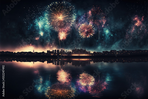 fireworks exploding over a city skyline with reflections in the water, digital render of an imaginary city with beautiful new year's eve or fourth of july festival fireworks, generative AI
