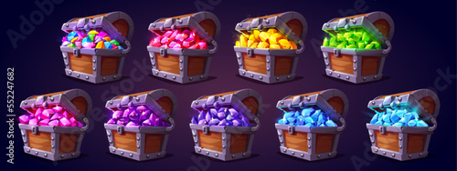Cartoon set of ancient treasure chest isolated on background. Vector illustration of open old wooden box full of colorful sparkling gemstones, gold, emerald, ruby and blue crystals. Game ui props
