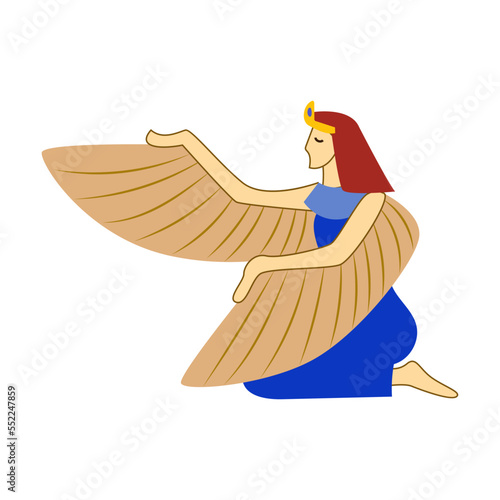 Goddess with wings. Symbol of ancient Egyptian culture cartoon illustration. Vector sphinxes, pharaoh, gold elements isolated on white