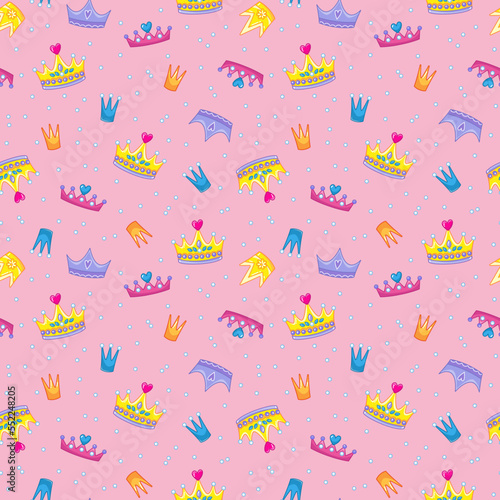 Seamless pattern with cute multicolored king or princess crowns on an pink background. Tiara and pearls in a funny children's style. Vector illustration for print clothes, postcards, textiles.
