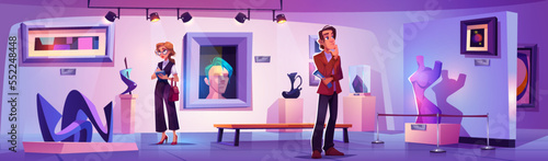 People visit museum with modern art exhibition. Gallery interior with contemporary artworks, paintings and sculptures. Visitors look at exhibits in museum, vector cartoon illustration