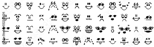 Comic funny faces, retro 30s cartoon mascot characters. Vintage smiley caricatures with happy and cheerful emotions illustration set. 50s, 60s old animation eyes and mouths elements.