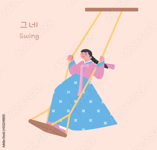 korean traditional play. A girl wearing a hanbok is riding on a swing.