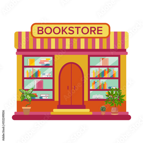 Book store. Shop and cafe exterior. Vector illustration of commercial building on city street isolated on white. Local business © PCH.Vector