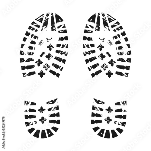 Grunge silhouette of male shoes footprint vector illustration. Imprint of boots and sneakers isolated on white background