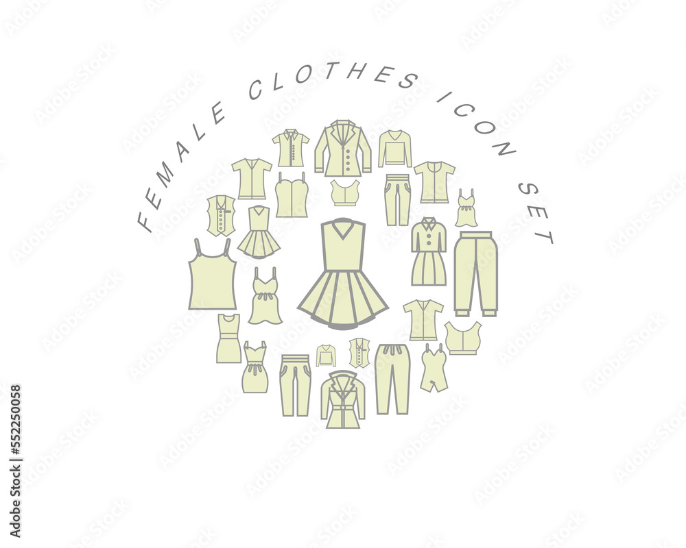 Vector female clothes flat icon set design Vector female clothes flat icon set design