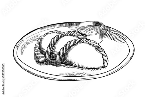 Hand drawn sketch style empanadas. Typical Latino America and spanish fast food. Vector illustration isolated on white background. Best for menu designs, packages.