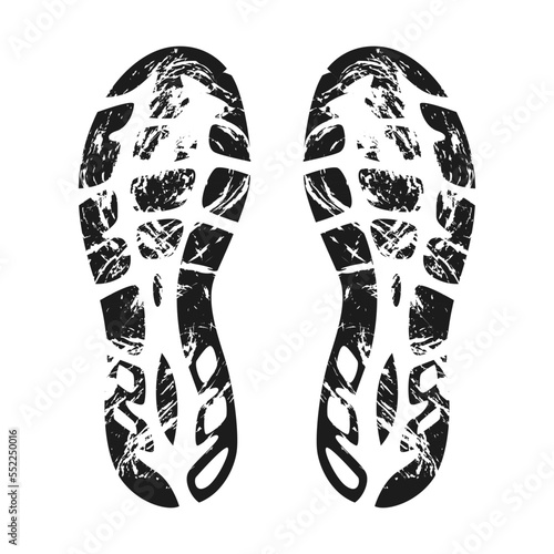 Grunge silhouette of footprint vector illustration. Imprint of boots and sneakers isolated on white background