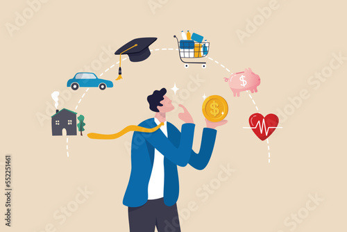 Budget planning, financial management to allocate expense or payment, income and saving, accounting concept, businessman holding money coin think about budget planning with expense categories.