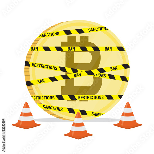 Bitcoin in warning tapes and red cones. Restriction on the use of crypto currencies. Ban on bitcoin exchange. Sanctions against crypto markets. Ban on transactions and cryptocurrency mining.