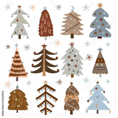 Set with hand-drawn Christmas trees with toys in boho style. Christmas isolated cozy decor elements. Template for invitation, wishes, design.Vector illustration.