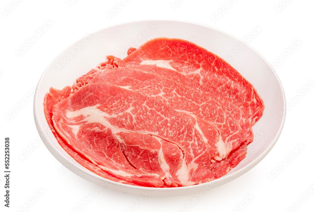 Red beef on whith dish, Slices Wagyu beef with marbled texture isolate on white background with clipping path.