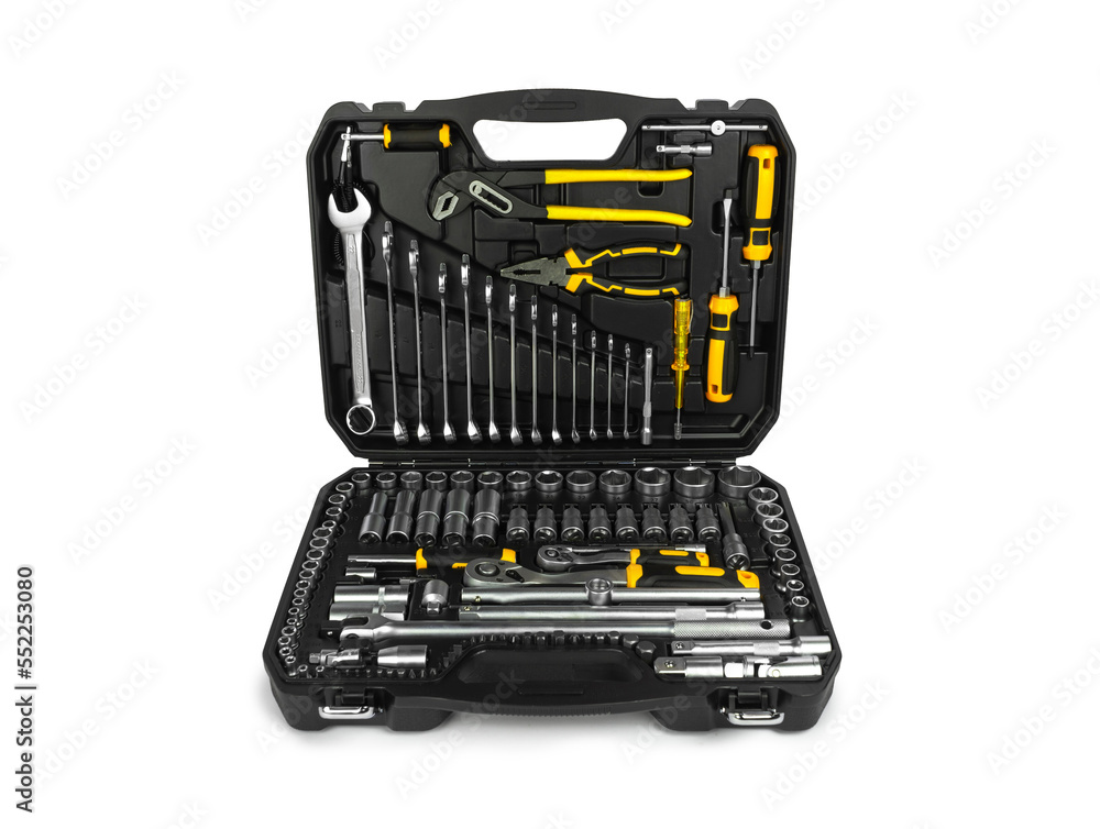 Toolbox, tools kit case detail close up instruments. set of yellow tools car tool kit tool set background instruments for repair Toolbox, tools kit case detail close up instruments. set of yellow tools car tool kit tool set background instruments for repair