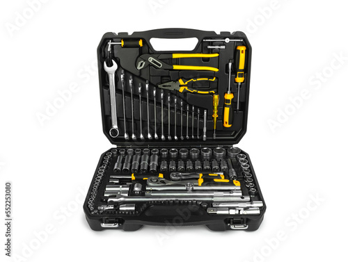 Toolbox, tools kit case detail close up  instruments. set of yellow tools car tool kit tool set background  instruments for repair