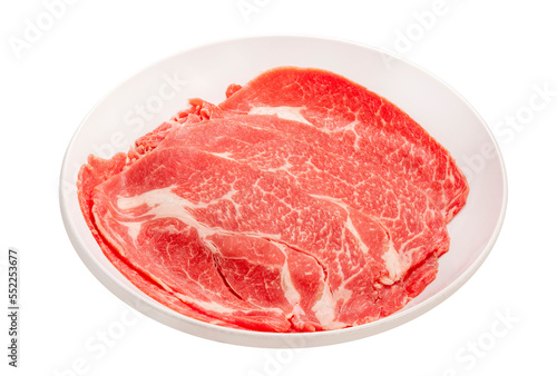 Red beef on whith dish, Slices Wagyu beef with marbled texture isolate on white background PNG File..