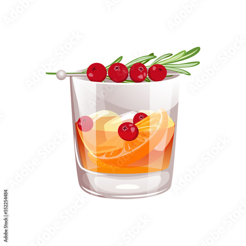 Whiskey with cranberries.Christmas winter drink with cranberries, orange.Cranberry-orange bourbon.